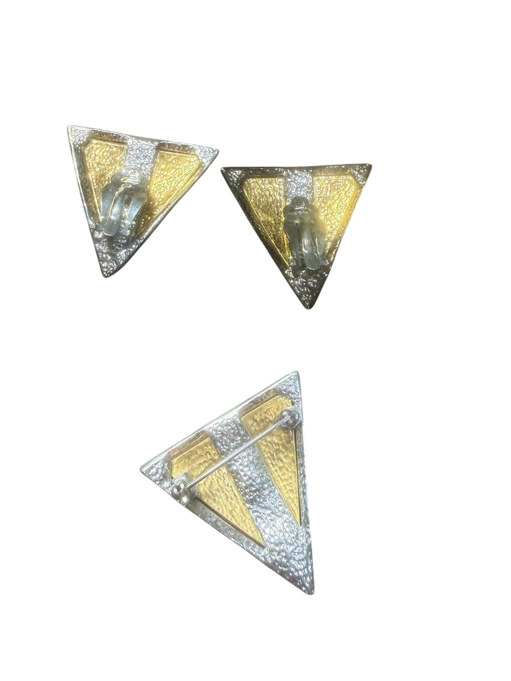 Vintage 1980s Art Deco Revival Triangle Brooch & Clip Earrings Gold Silver - Picture 3 of 6